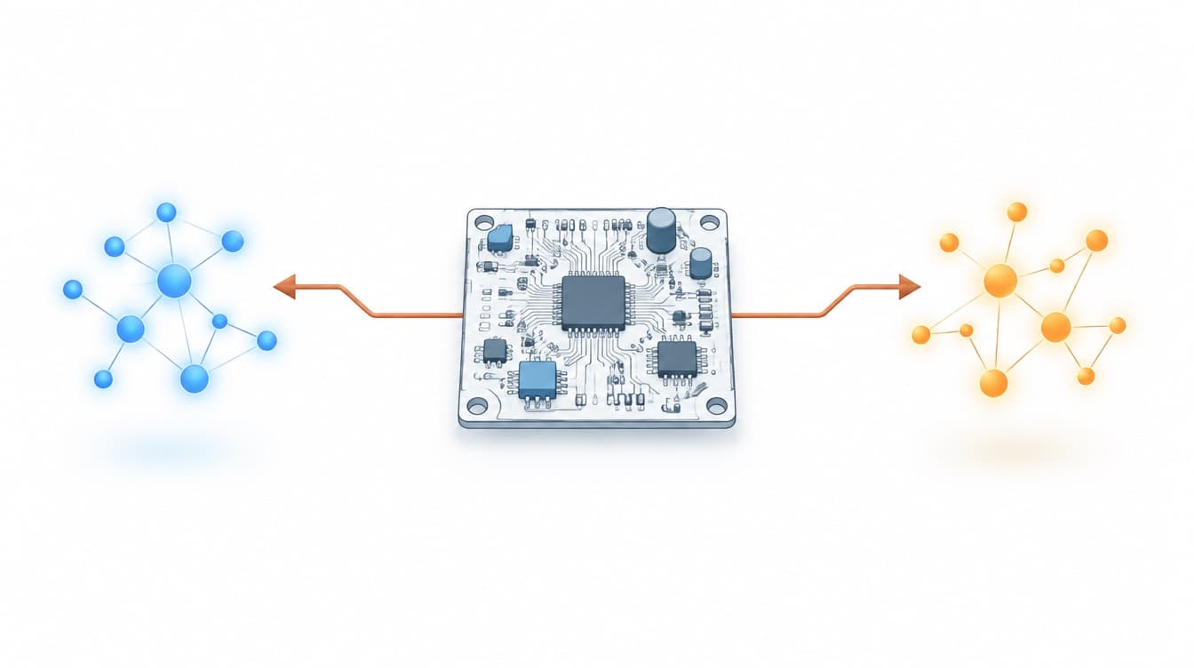 A circuit board at the centre with one copper trace splitting into two arrows, one toward a blue network on the left and one toward an amber network on the right